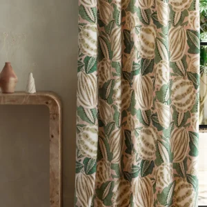 green botanical curtain with side table and vases