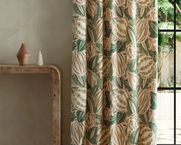 Zenith Fabric - Blush / Forest by green botanical curtain with side table and vases