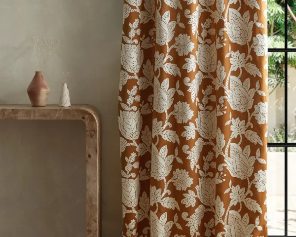 Zamora Fabric - Terracotta by brown botanical curtain with side table and vases
