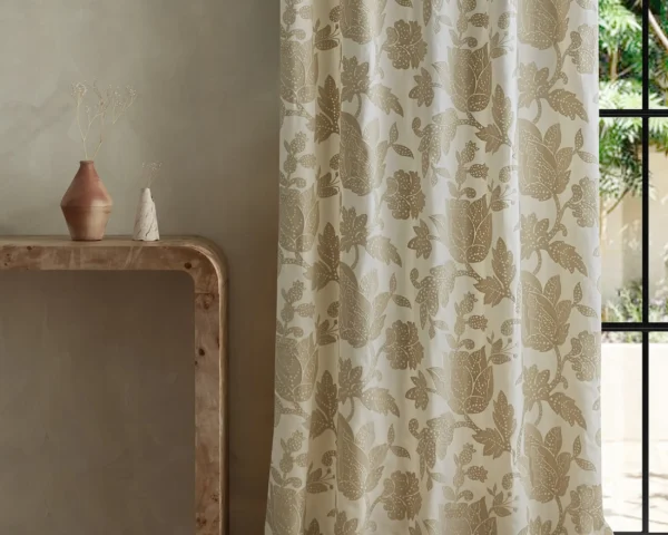 Zamora Fabric - Parchment by neutral botanical curtain with side table and vases