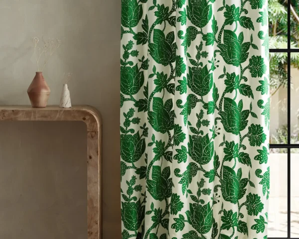 Zamora Fabric - Emerald by green botanical curtain with side table and vases