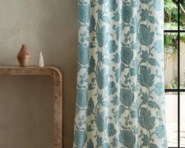 Zamora Fabric - Azul by blue botanical curtain with side table and vases