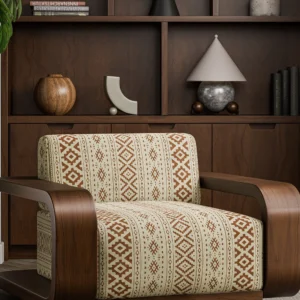 brown traditional curtain with side table and vases