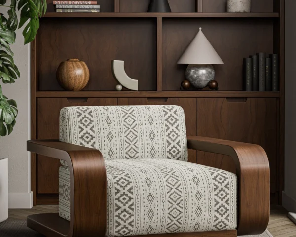 Rebozo Fabric - Stone by neutral traditional curtain with side table and vases