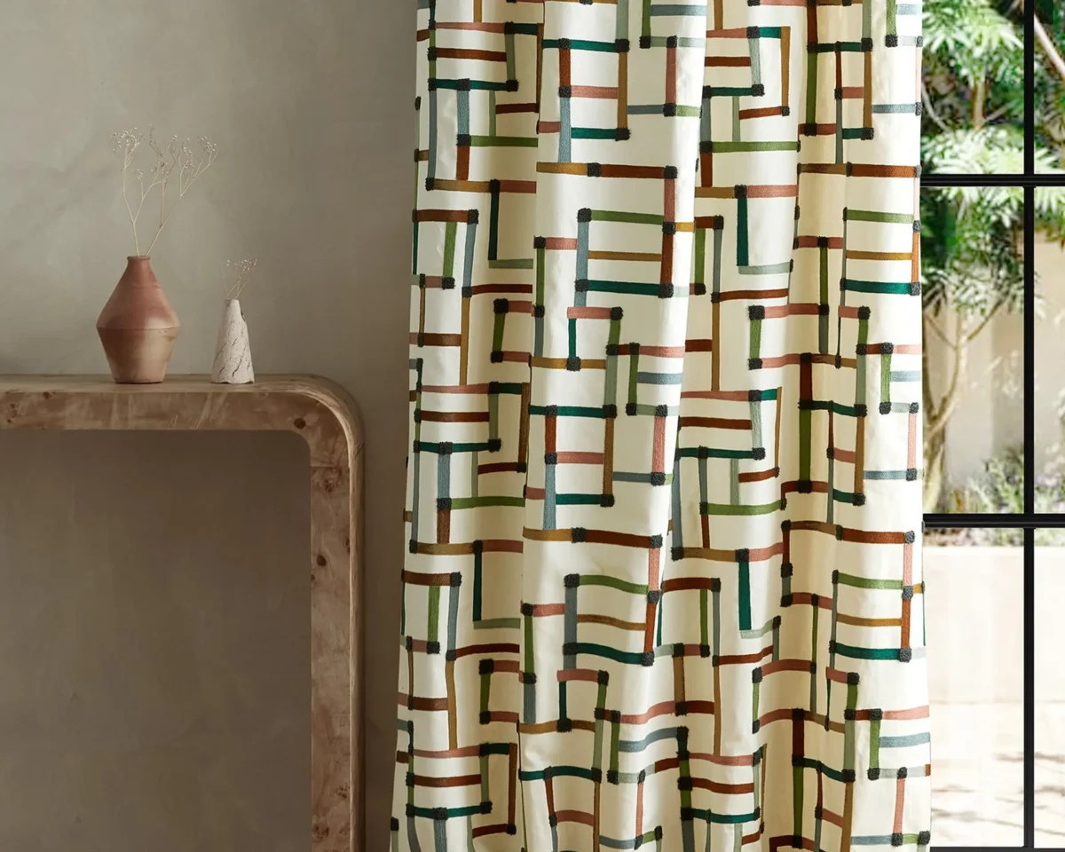 Lineas Fabric - Forest / Azul / Blush by multicolour geometric curtain with side table and vases