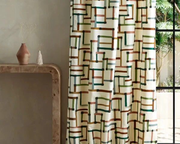 Lineas Fabric - Forest / Azul / Blush by multicolour geometric curtain with side table and vases