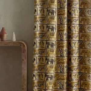 neutral animal curtain with side table and vases
