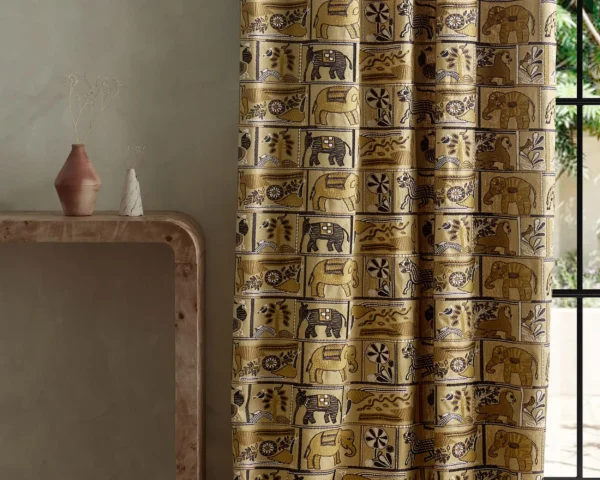 Kantha Fabric - Ochre / Charcoal by neutral animal curtain with side table and vases