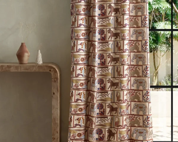 Kantha Fabric - Indigo / Maroon by blue animal curtain with side table and vases