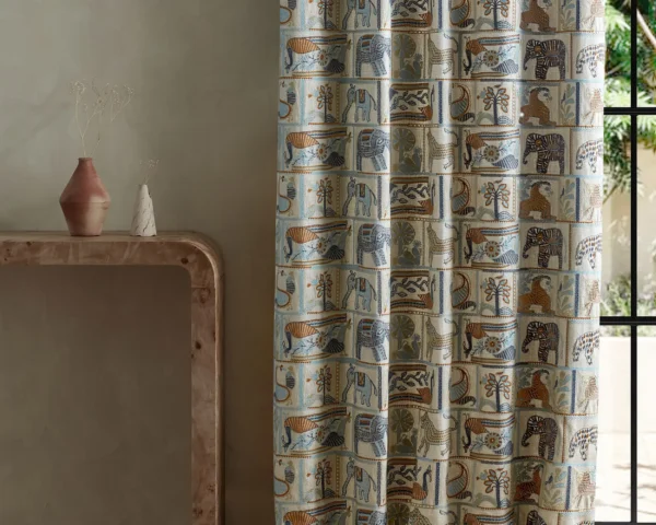 Kantha Fabric - Azul / Paprika by blue animal curtain with side table and vases