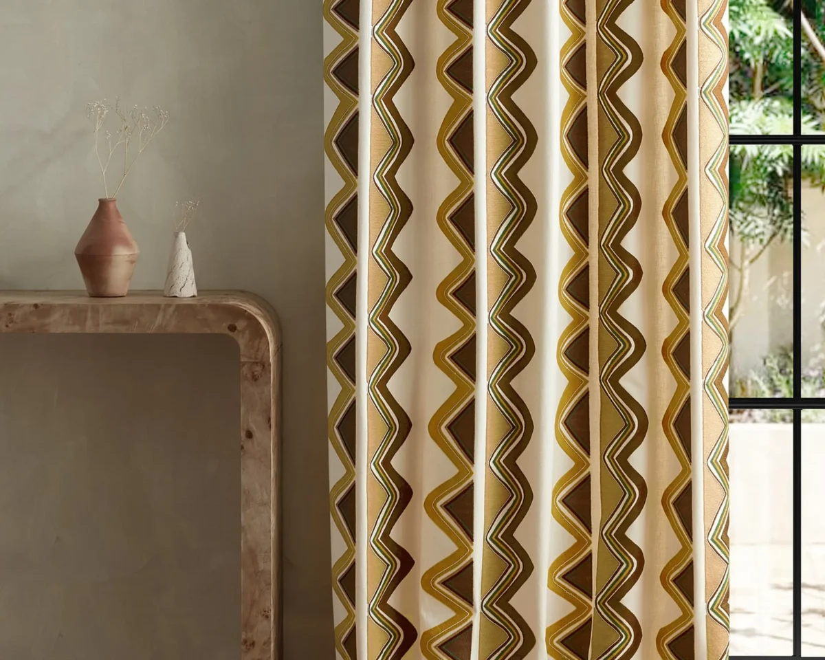 Kaleido Fabric - Clay / Nectar by multicolour striped curtain with side table and vases