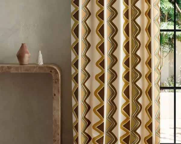 Kaleido Fabric - Clay / Nectar by multicolour striped curtain with side table and vases
