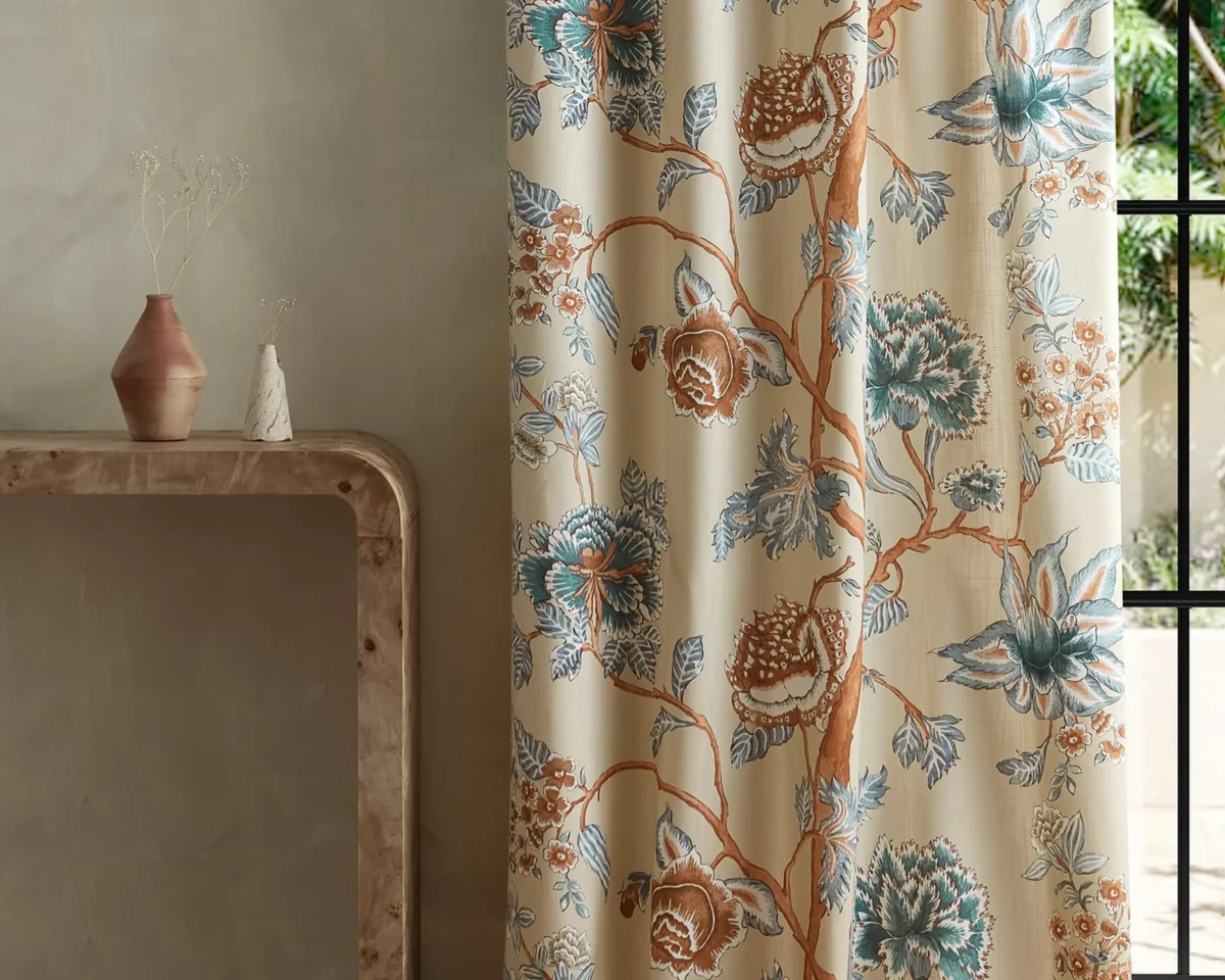 Indienne Fabric - Terracotta / Azul by brown botanical curtain with side table and vases