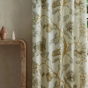 neutral botanical curtain with side table and vases