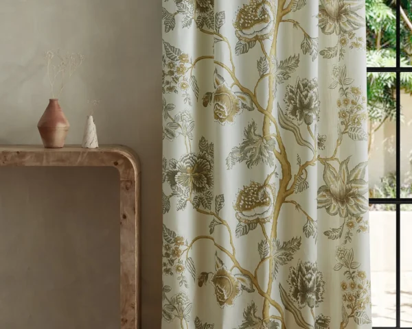 Indienne Fabric - Taupe / Ochre by neutral botanical curtain with side table and vases
