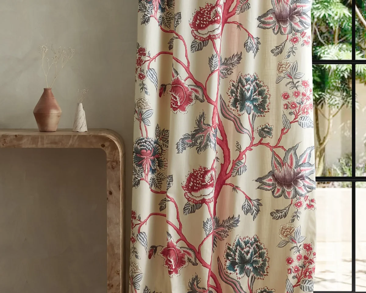 Indienne Fabric - Indigo / Maroon by red botanical curtain with side table and vases