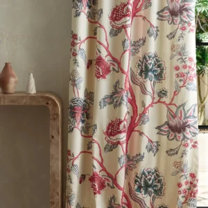 red botanical curtain with side table and vases