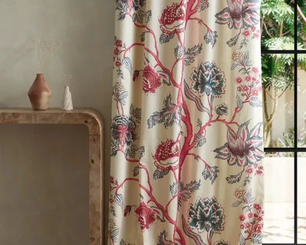 Indienne Fabric - Indigo / Maroon by red botanical curtain with side table and vases