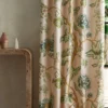 green botanical curtain with side table and vases