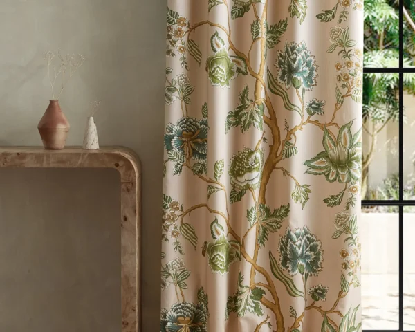 Indienne Fabric - Blush / Forest by green botanical curtain with side table and vases