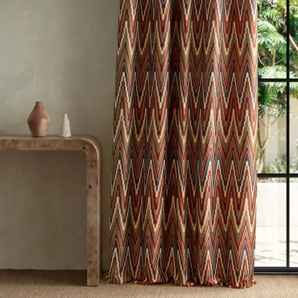Elota Fabric - Indigo / Maroon by multicolour geometric curtain with side table and vases
