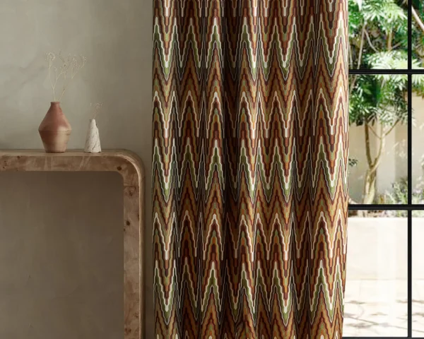 Elota Fabric - Burgundy / Moss by green geometric curtain with side table and vases