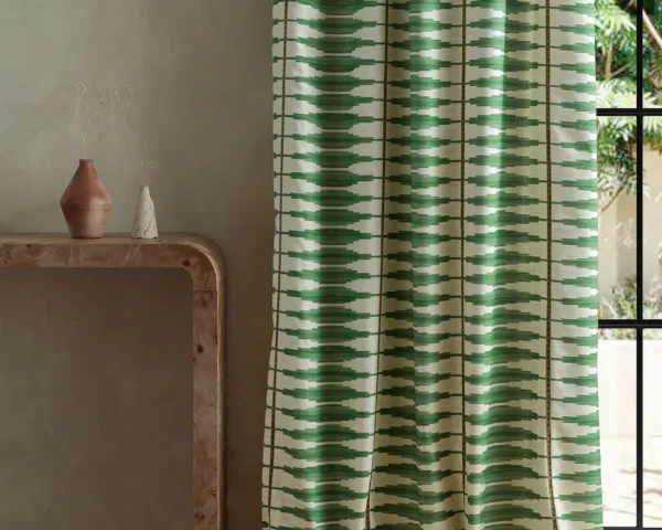 Cintilla Fabric - Evergreen / Spice by green striped curtain with side table and vases