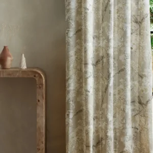 neutral botanical curtain with side table and vases