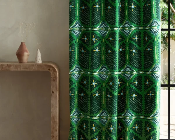 Brocha Fabric - Forest / Midnight by green geometric curtain with side table and vases