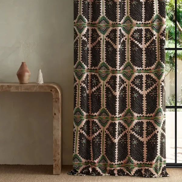 Brocha Fabric - Blush / Charcoal by pink geometric curtain with side table and vases
