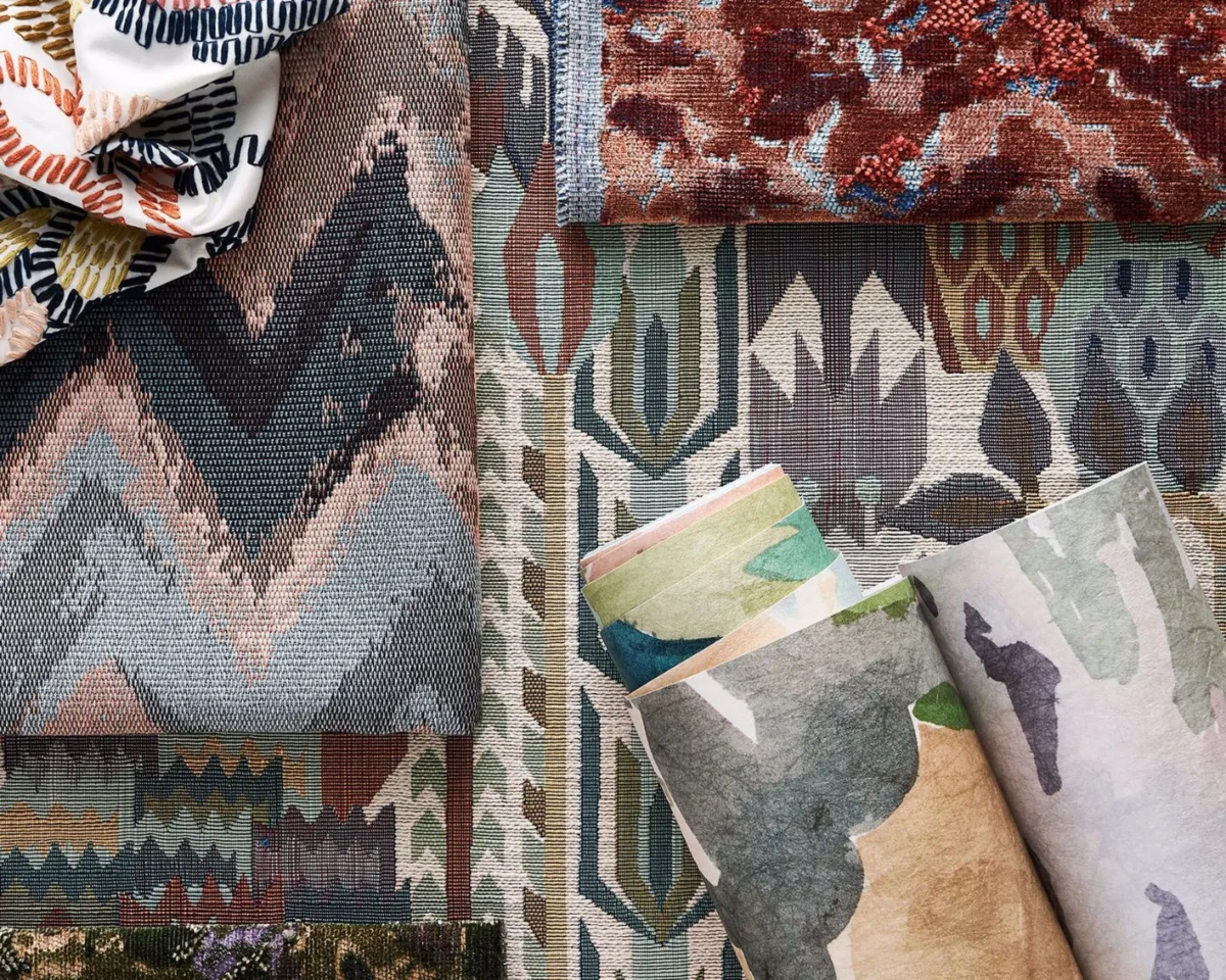 Ania Fabric - Forest / Azul / Ochre by multicolour contemporary curtain with