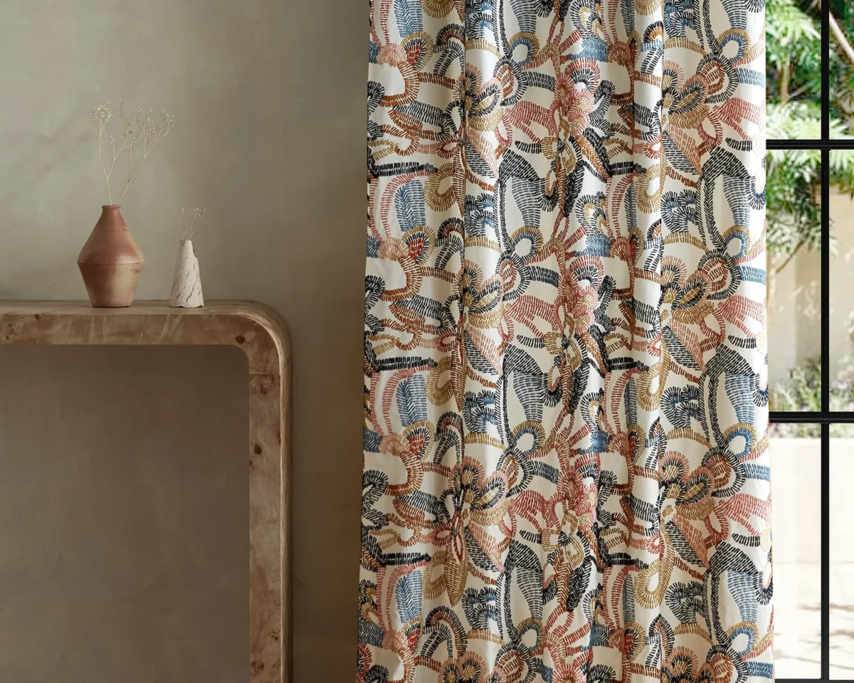 Ania Fabric - Forest / Azul / Ochre by multicolour contemporary curtain with side table and vases