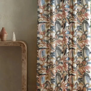 multicolour contemporary curtain with side table and vases