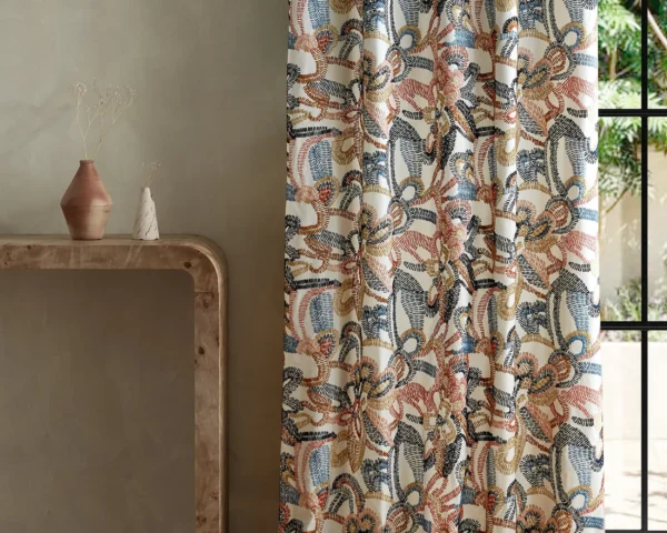 Ania Fabric - Forest / Azul / Ochre by multicolour contemporary curtain with side table and vases