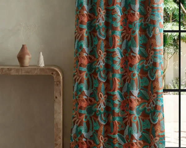 Ania Fabric - Burgandy / Spice / Turquoise by multicolour contemporary curtain with side table and vases