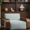 blue striped armchair with plants and vases