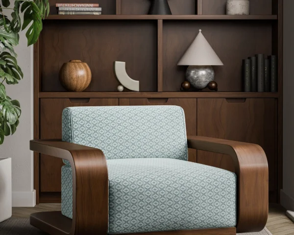 Ajal Fabric - Sky by blue striped armchair with plants and vases