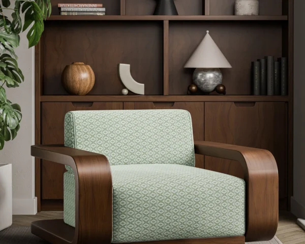 Ajal Fabric - Seaglass by green striped armchair with plants and vases