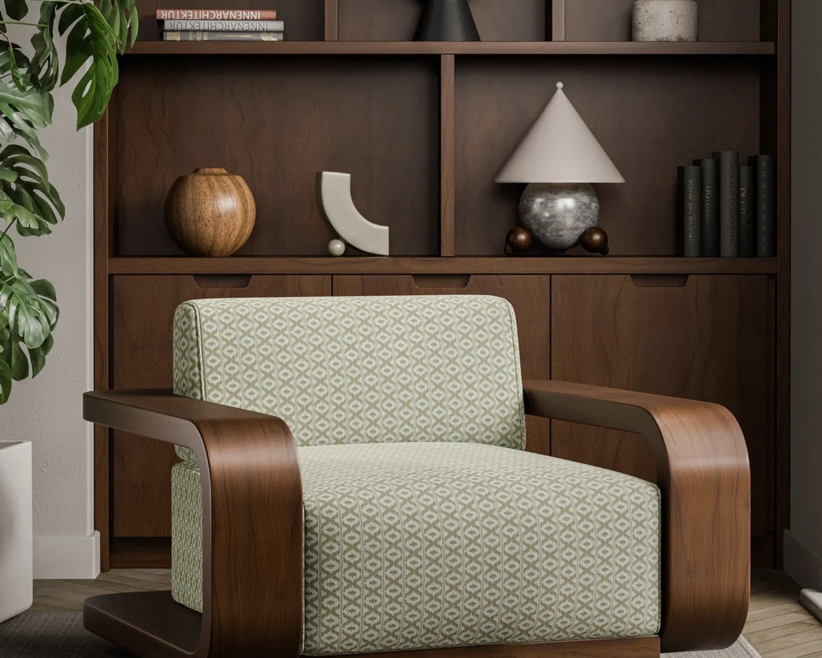 neutral striped armchair with plants and vases