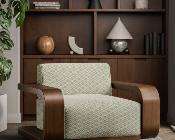 neutral striped armchair with plants and vases