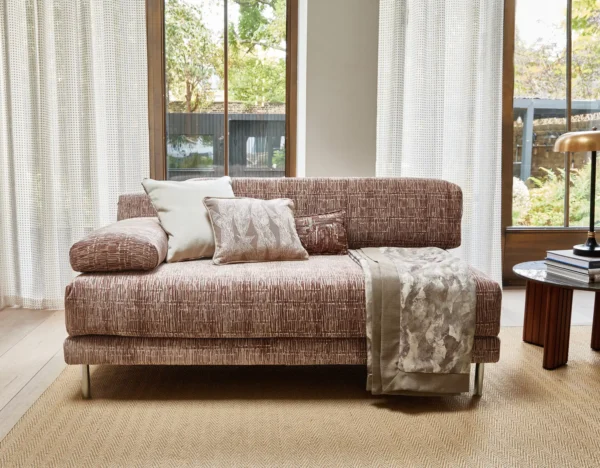 Escher Fabric - Angora by brown contemporary sofa with cushion and curtain