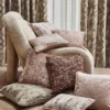 red contemporary cushion with armchair and curtain