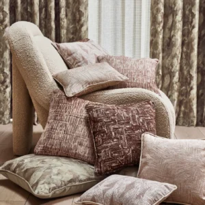 red contemporary cushion with armchair and curtain