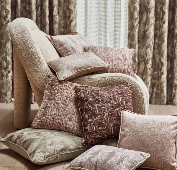Varini Fabric - Woodrose by red contemporary cushion with armchair and curtain
