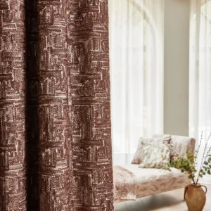 red contemporary curtain with bed and plants