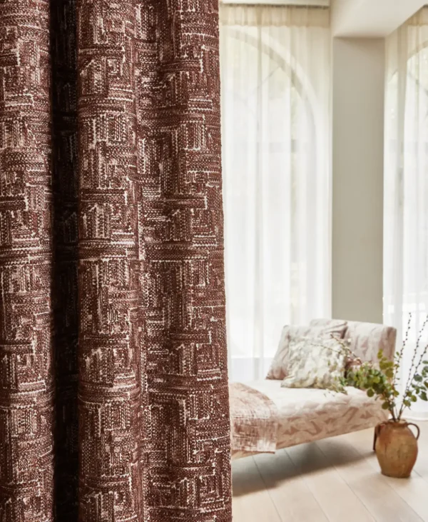 red contemporary curtain with bed and plants