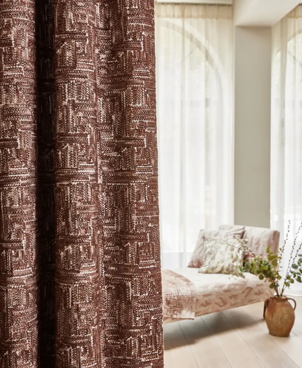 Diez Fabric - Mocha by red contemporary curtain with bed and plants