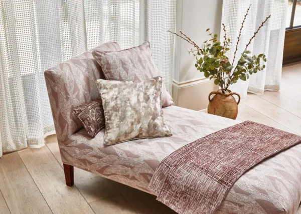 Soto Fabric - Angora by neutral contemporary bed with cushion and plants