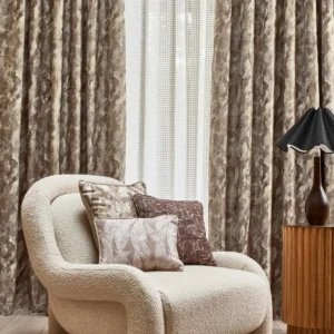 brown contemporary curtain with armchair and cushion