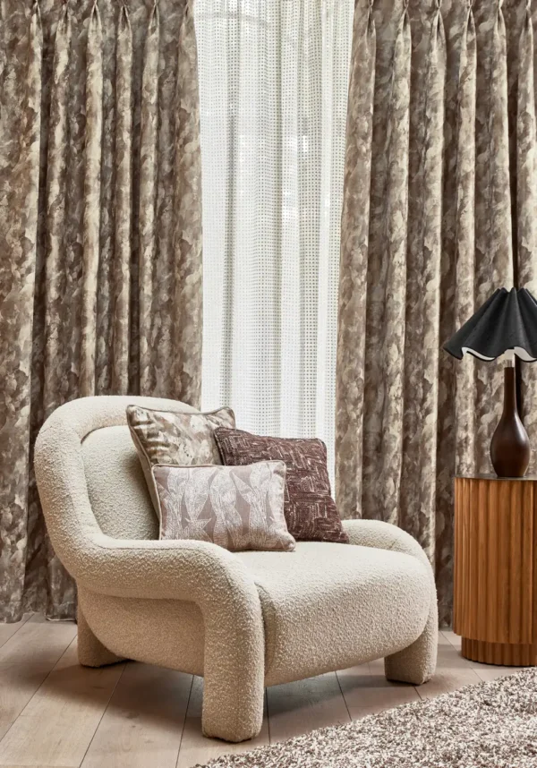 Varini Fabric - Woodrose by brown contemporary curtain with armchair and cushion